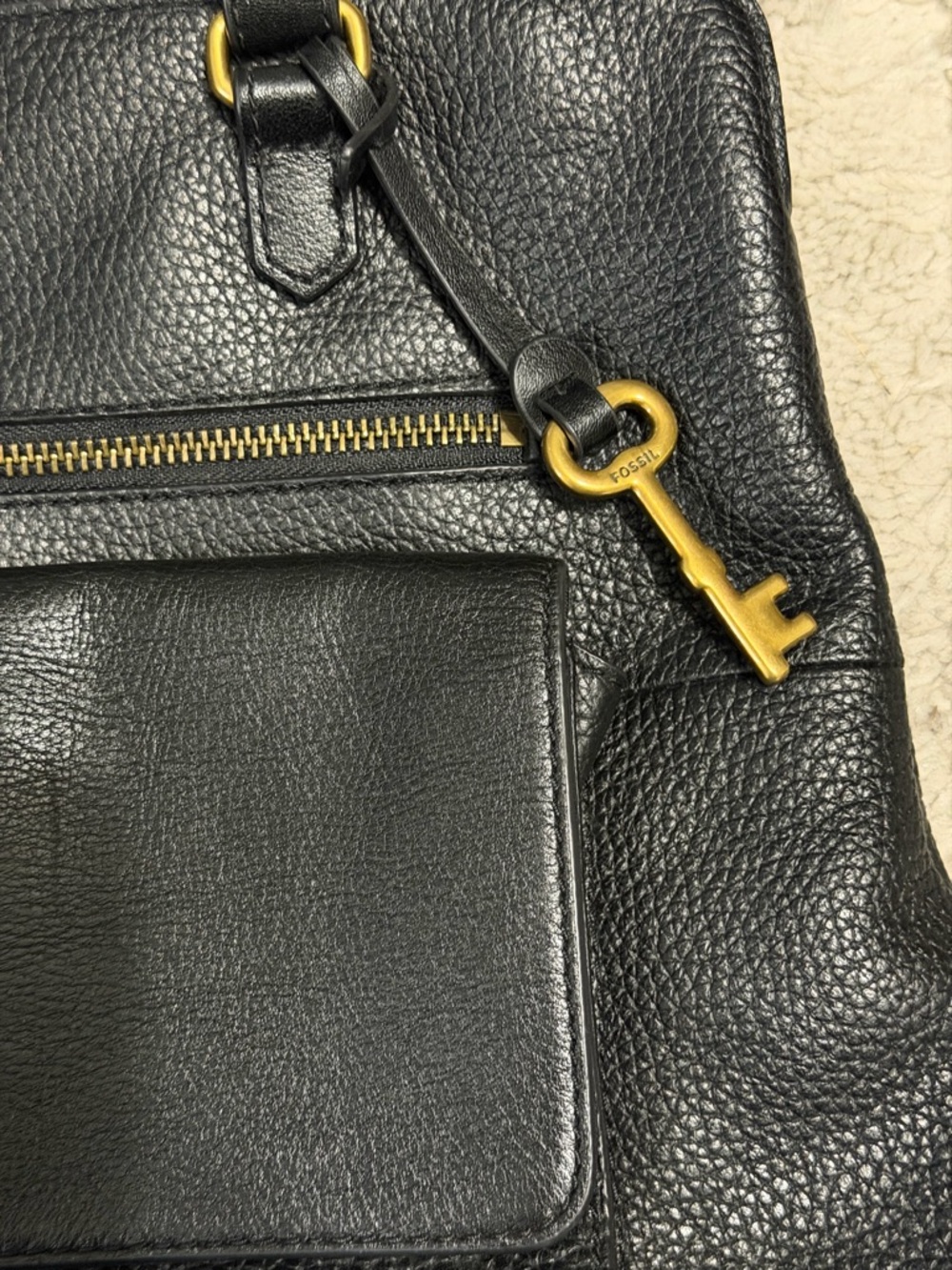 Fossil Black Leather 1 main Compartment and 3 zippered Tote with Key Charm - Picture 2 of 14